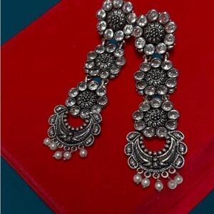 Silver-Tone Floral Drop Earrings with Pearl Dangles